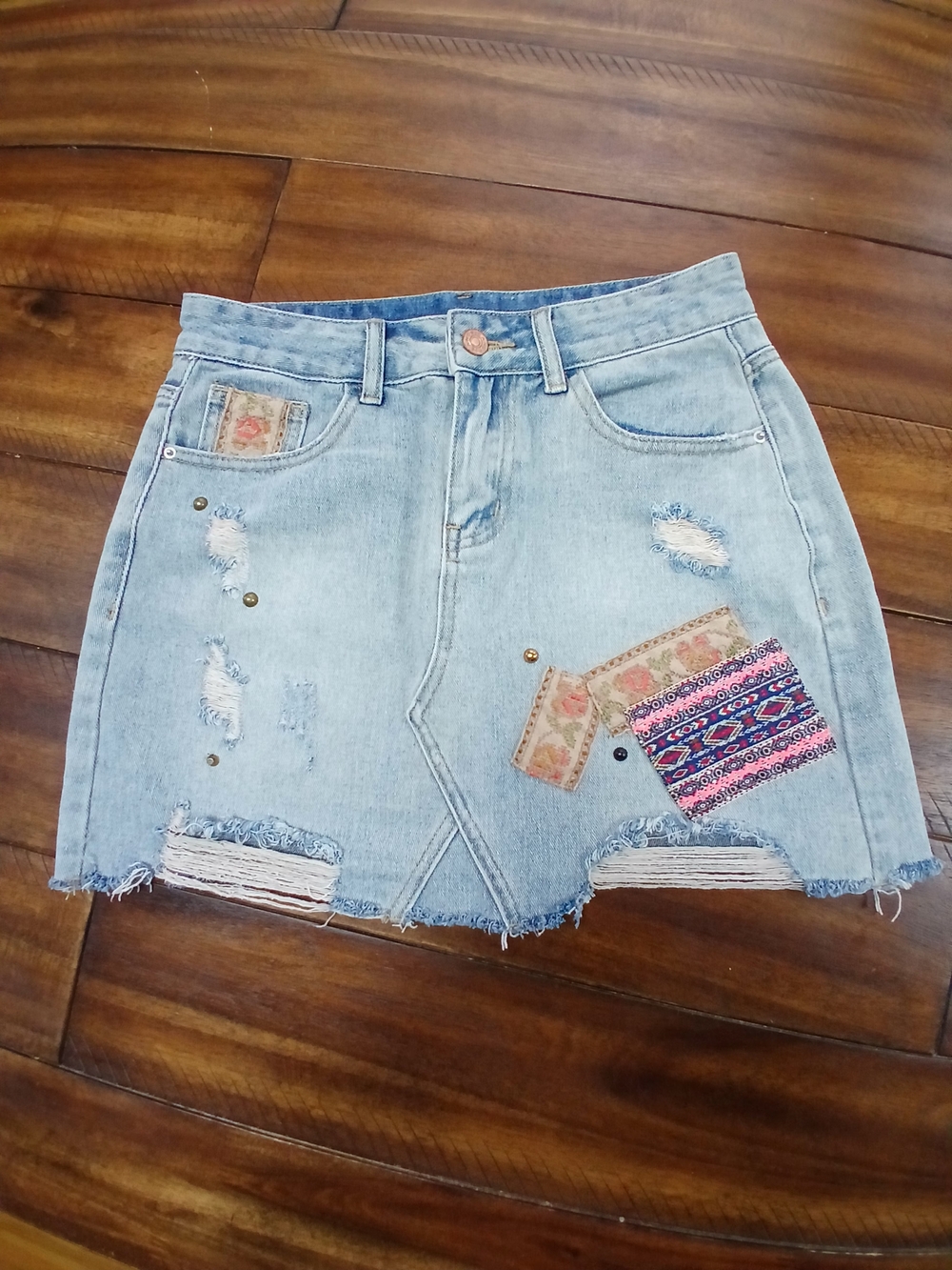 Cider Patched Distressed Denim Mini Skirt
